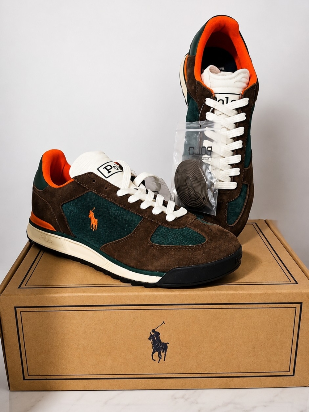 Polo by Ralph Lauren Brown Suede & Green Mesh Sneakers with Orange Accents